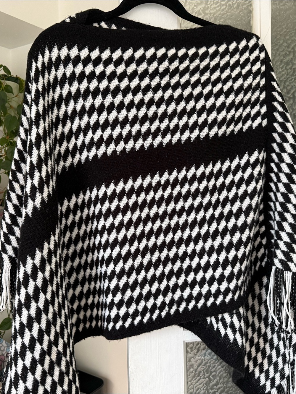 Lani Black and White Diamond-Pattern Poncho Shawl - one size fits all
